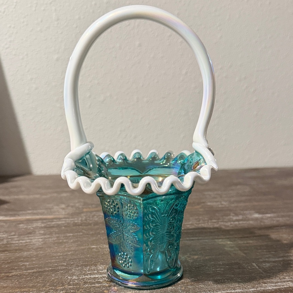 Fenton Teal Iridescent Carnival Glass Basket with Snow Crest Handle